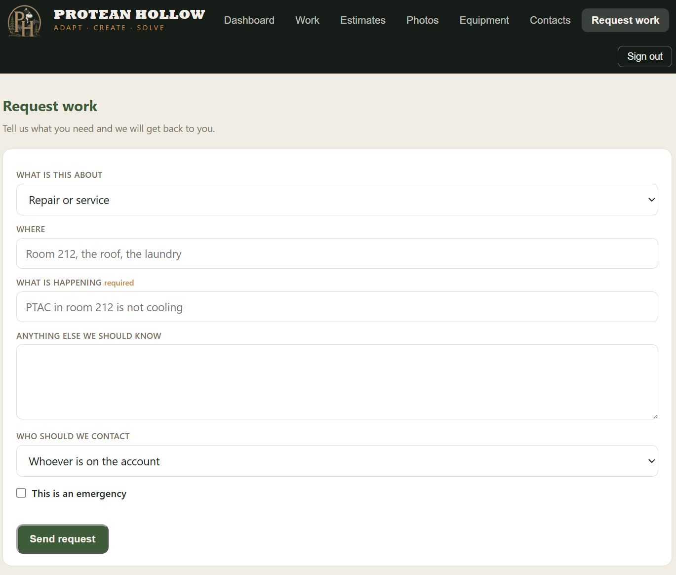 Requesting work through the customer portal