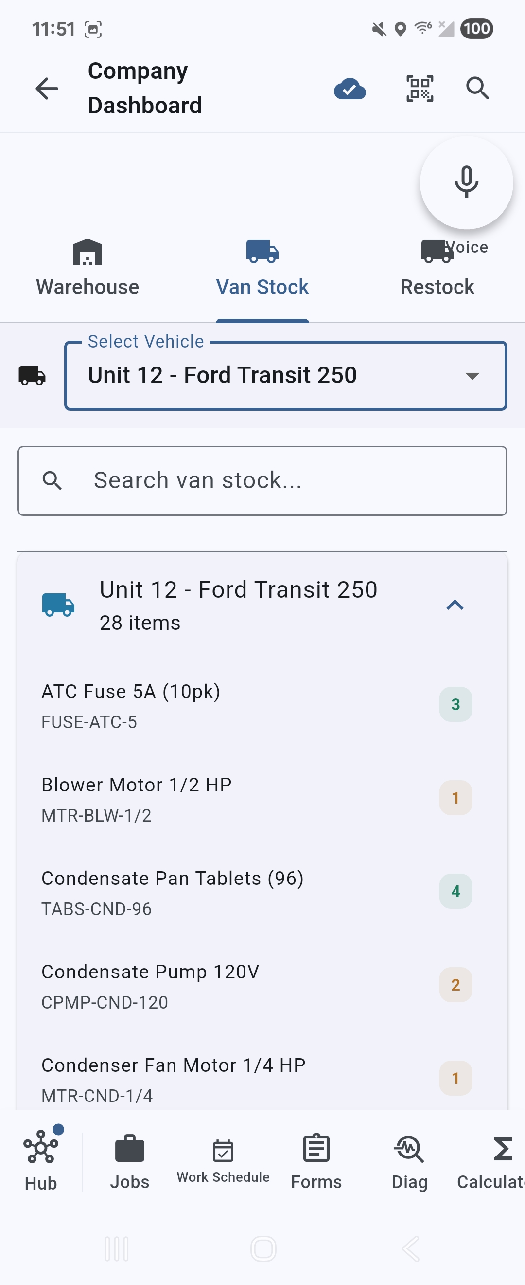 Van stock and inventory on mobile